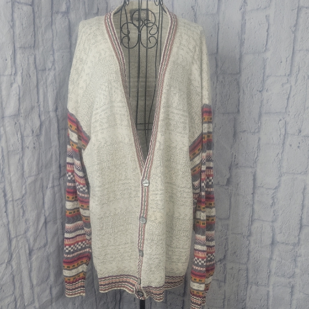 Concrete Mix Boho Cardigan Sweater Cream Multicolor Tribal‎ Knit Button Front